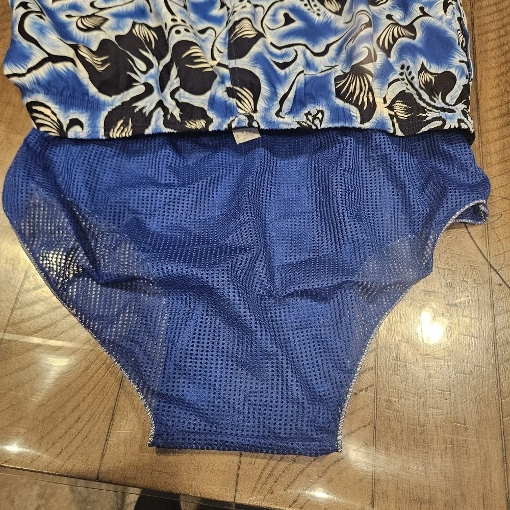 Speedo Swim Trunks Shorts Large Blue Floral Mesh Lined Hawaiian Beach W/ Pockets